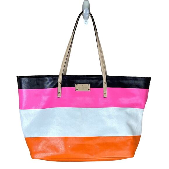Kate Spade Cabana Striped Harmony Tote Bag Black Pink White Orange - Picture 1 of 14